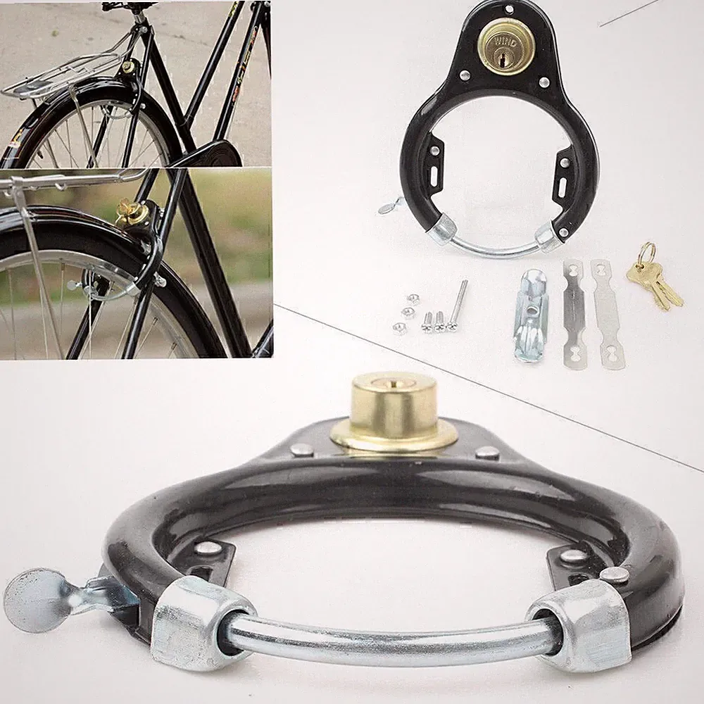 1x Black Vintage Bicycle U-Lock Bike Wheel Lock Set w/ keys Iron Anti-theft