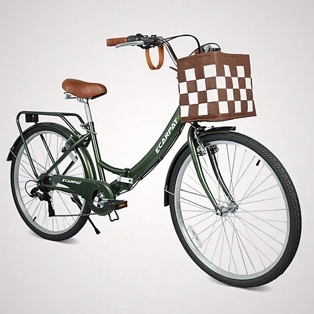 26" Folding Commute Bike 7 Speeds Steel Frame Detachable Basket Cup Holder Adult