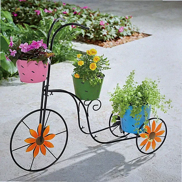 Bicycle Planter Stand Metal Flower Pot Cart Holder With 3 Plant Bucket Outdoor D