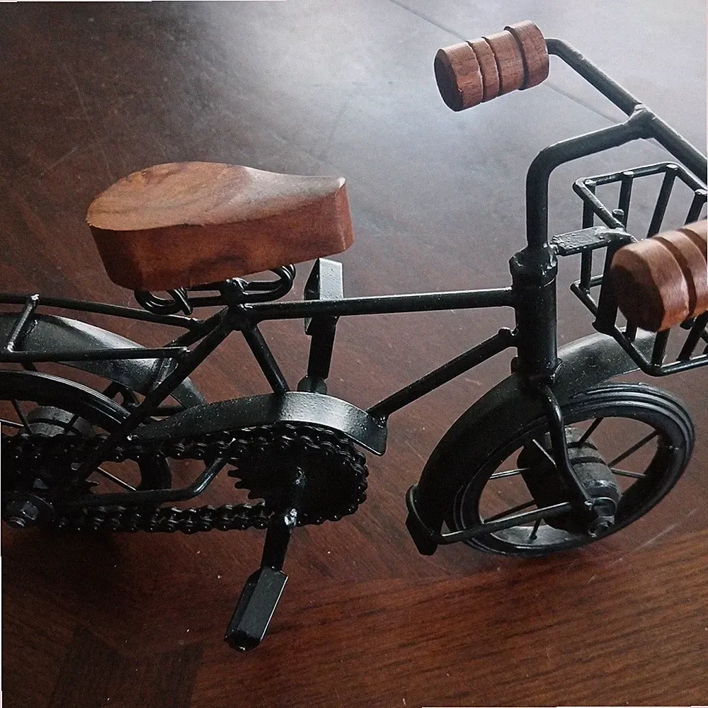 Bicycle Sculpture Black Iron and Wood Tabletop .- BOX M