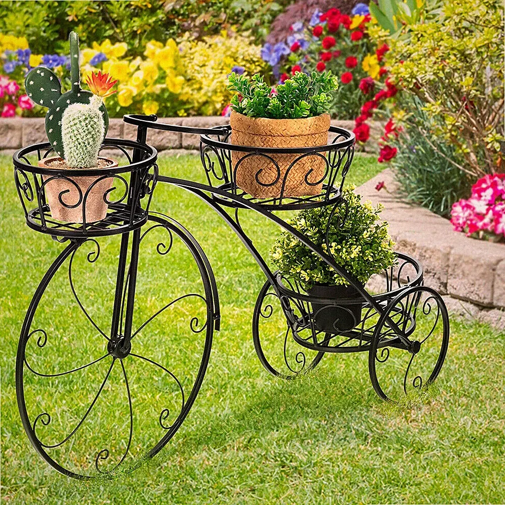 Bicycle Shape Plant Stand Wrought Iron Tricycle Planter Home Garden Patio Decor