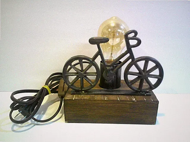 Bicycle Table Lamp Cast Old Iron Bike Wood Base Edison Light Bulb Vintage Look