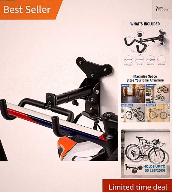 Bike Wall Mount Hanger, Horizontal Rack | Heavy-Duty, Adjustable, For Road, M...