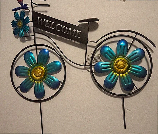 Blue Metal Bicycle Garden Stake- Retro Welcome Sign-Flower Yard Art 23”L X 19” T