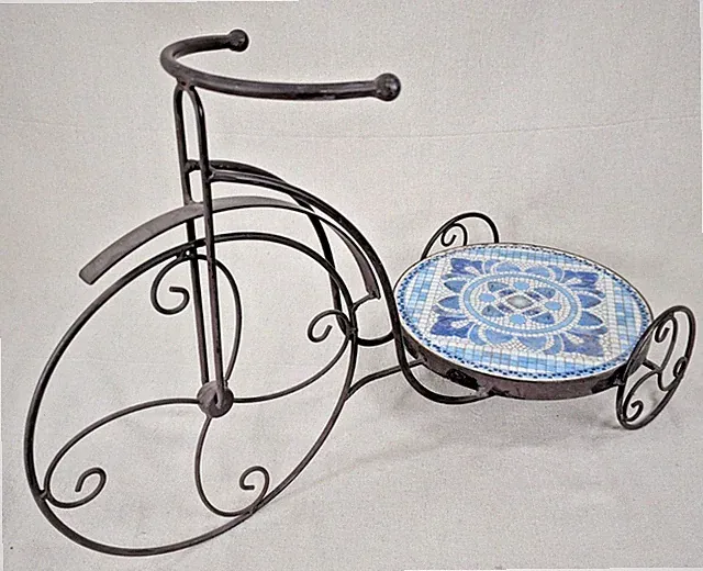 Decorative Wrought Iron Bicycle Plant Stand with Blue and White Floral Tile Work