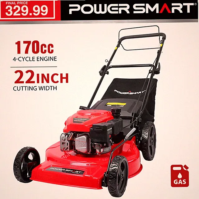 PowerSmart 22" Walk-Behind Gas Lawn Mower, 170cc, Large Rear Wheels, Grass Bag