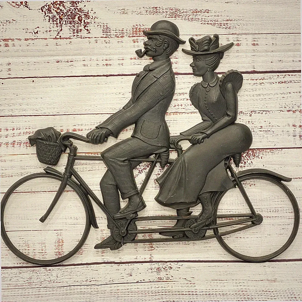 Vintage 70s Sexton Cast Iron Wall Art Man & Woman Tandem Bicycle Built For Two