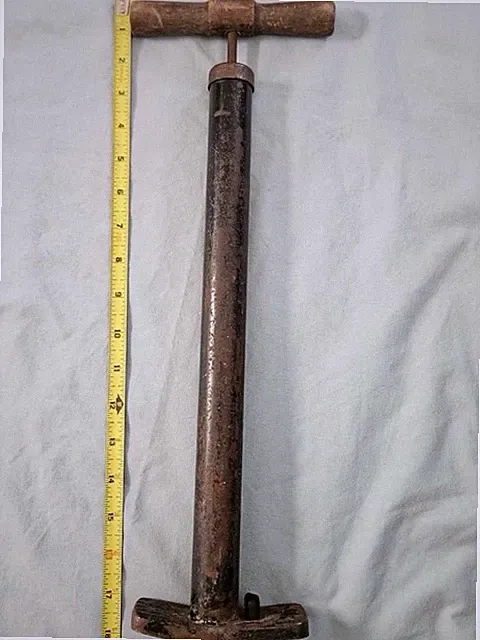 Vintage Bicycle Floor Pump Cast Iron Base Wood Handle Air Pump ~16” Tall