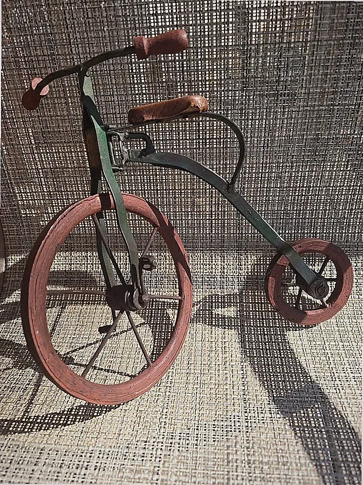 Vintage Bicycle Leather Seat Wooden Handlebars Cast Iron Wheels Folk Art 9½x11"