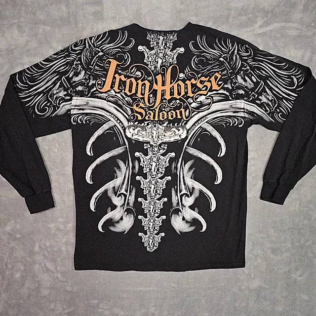 Vintage Iron Horse Saloon Shirt Mens L Black All Over Bike Week Shirt