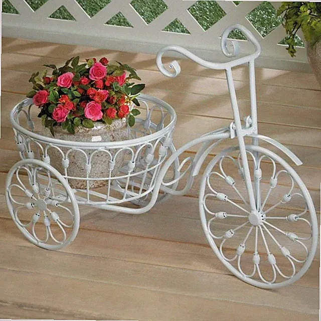 White Iron Vintage Style Bicycle Tricycle Shelf Plant Pot Planter Stand Statue
